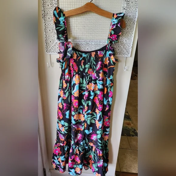 Tropical Floral Pink and Orange Sleeveless Sundress‎ Midi Ruffled sz L - Picture 10 of 13